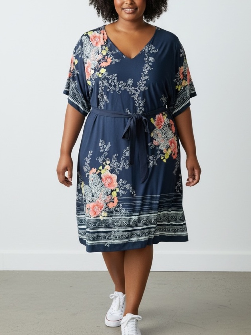 NWT Studio One New York Floral V-Neck Midi Dress in Navy Size 2X